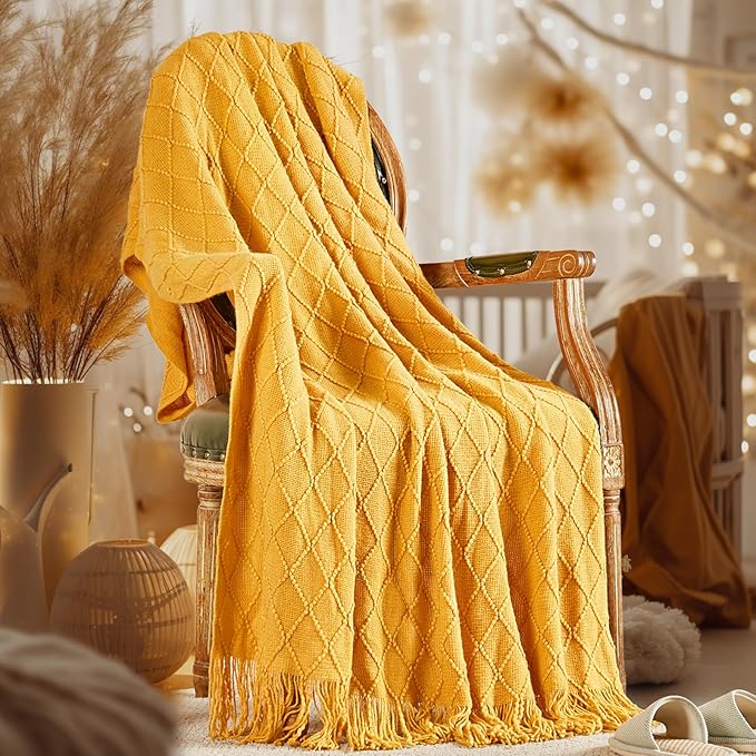 inhand Knitted Fall Throw Blanket for Couch and Bed, Knit Fall Decor Halloween Blanket with Tassel, Mustard Yellow Lightweight Decorative Farmhouse Warm Woven Blankets and Throws for Women, 50"x60"-Ruum Studio Home