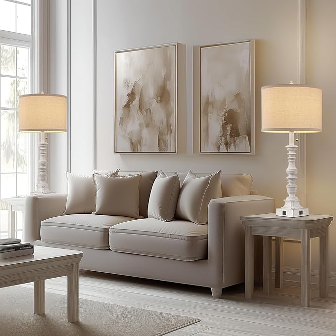Farmhouse Table Lamps for Bedroom Set of 2, 29.5" Tall Rustic Bedside Lamp with USB Ports and AC Outlet, Vintage Nightstand Table Lamp for Living Room with Linen Drum Shade, White, Pull Chain-Ruum Studio Home