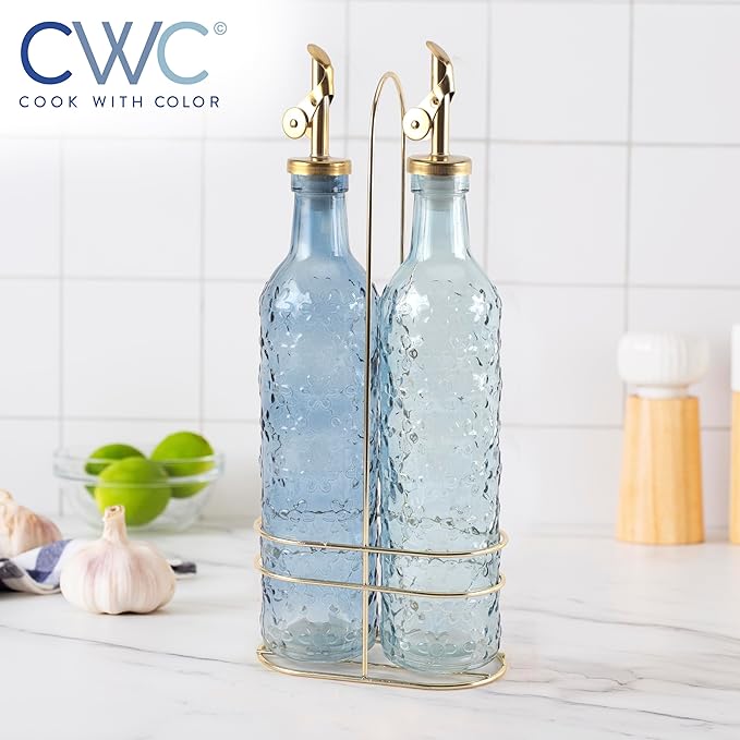 COOK WITH COLOR Glass Olive Oil Bottle Dispenser - 2 Pack- 17oz Oil and Vinegar Cruet - Olive Oil Carafe Decanter for Kitchen-Ruum Studio Home