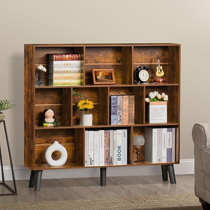 LEYAOYAO 10 Cube Bookshelf,3 Tier Modern Wide Bookcase with Legs,Mid-Century Wood Bookshelves Storage，Brown Large Book Case,Freestanding Organizer Display Shelf for Bedroom,Living Room,Office-Ruum Studio Home