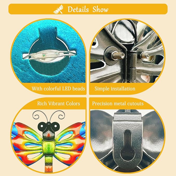 Solar Dragonfly Wall Art, 12-Inch Metal Garden Decor, Color Changing LED Lights, Multicolor-Ruum Studio Home