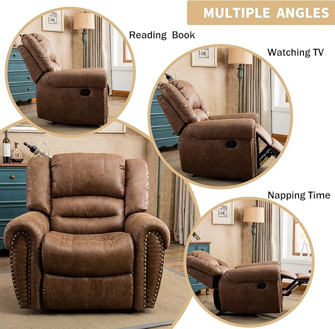 CANMOV Leather Recliner Chair, Classic and Traditional Manual Recliner Chair with Comfortable Arms and Back Single Sofa for Living Room, Nut Brown-Ruum Studio Home