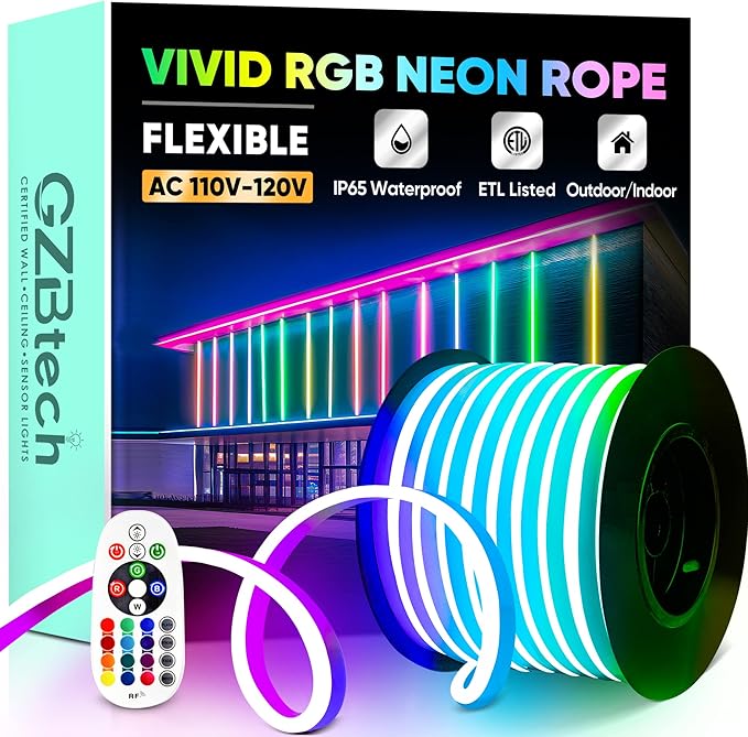 GZBtech RGB LED Neon Rope Lights 82FT/25M, AC 110-120V Waterproof Color Changing LED Rope with Remote Controller, Dimmable Multi Color Neon Rope Lighting for Indoor Outdoor Commercial Use-Ruum Studio Home