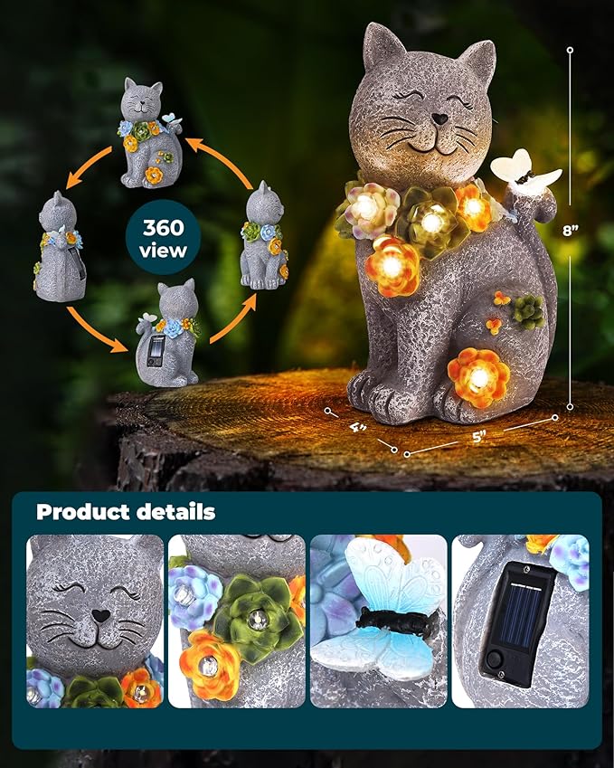 Solar Garden Statues Outdoor Decor, 6 LED Cat Flowers Butterfly Figurine Lights, Waterproof for Balcony Patio Porch Lawn Yard Ornament Art - Gift Ideas for Housewarming Gardening Grandma Women-Ruum Studio Home
