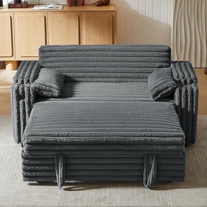 68.11" Corduroy Convertible Sofa Bed with USB Charging Port, Foldable Sleeper Chair with Pillows & Armrests, 3-in-1 Floor Couch for Living Room, Bedroom, Guest Room – Dark Gray-Ruum Studio Home