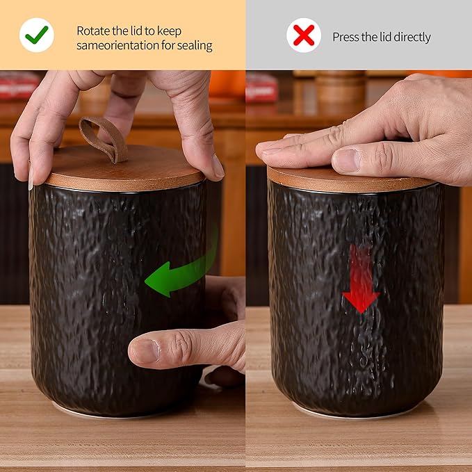 JOJUNO Black Ceramic Canister Set with Wooden Lid, 3-Piece Airtight Food Storage Jars for Kitchen Counter - Flour, Sugar, Coffee, Tea, Spice - Small, Medium, Large Sizes - Stone Texture-Ruum Studio Home