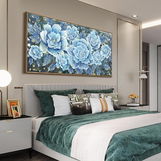 Extra Large Wall Art for Living Room, Framed Big Floral Blue Flower Canvas Print, Modern Oversized Blossom Peony Wall Picture Botanical Artwork for Dining Room Bedroom & Office Décor-Ruum Studio Home