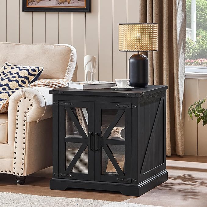 24" End Table Set of 2 with Charging Station, Farmhouse Night Stand with Glass Barn Door, Nightstands with Adjustable Storage Shelf, Large Wood Square Bed Side Table for Living Room,Bedroom-Ruum Studio Home