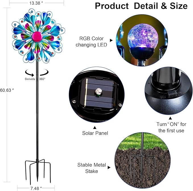 60'' Wind Spinner with Color Glass Ball Solar Lights, Blue Peacock Feathers Metal Garden Outdoor Decor Yard Lawn Art Decor for Patio Kinetic Windmills Unique Gifts for Friends and Family-Ruum Studio Home