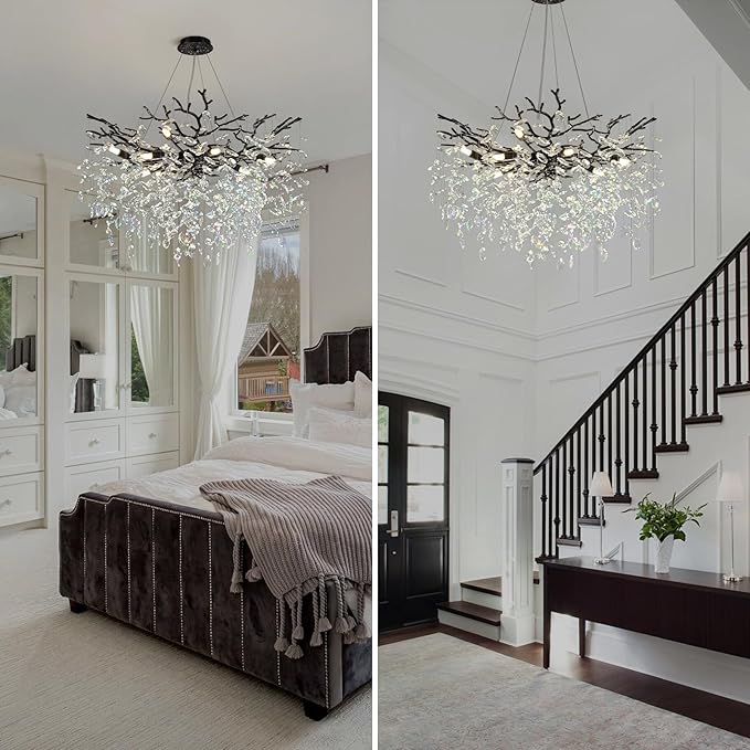Modern Black Crystal Tree Branch Chandelier, 10-Light 30" Black K9 Crystal Chandeliers for Dining Room, Round Chandelier for Living Room,High Ceiling,Kitchen Island,Foyer,Staircase-Ruum Studio Home