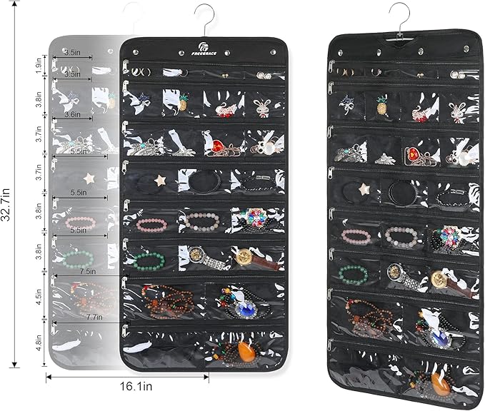 Freegrace Hanging Jewelry Organizer Revolving Hanger - Secure Zipper Closure - 50 Pockets - Foldable Storage & Display Solution - for All Jewelry & Bijoux (Black)-Ruum Studio Home