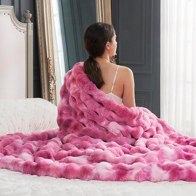 Cozy Bliss Faux Fur Throw Blanket for Couch, Fuzzy Soft Plush Thick Bubble Blanket for Sofa Bedroom Living Room, 50 * 60 Inches Tie Dye Pink-Ruum Studio Home