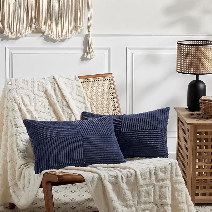 Fancy Homi 2 Packs Navy Blue Lumbar Decorative Throw Pillow Covers 16x32 Inch for Living Room Couch, Rustic Farmhouse Boho Home Decor, Soft Striped Corduroy Rectangle Accent Cushion Case 40x80 cm-Ruum Studio Home