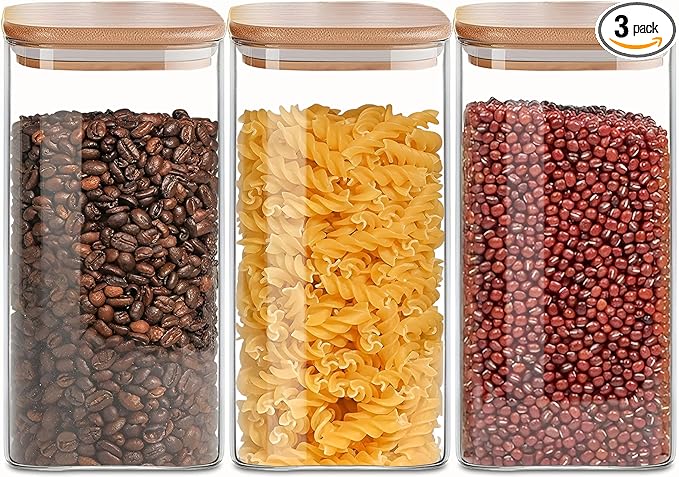 Square Glass Jars Canister with Wood Lid 50 FL OZ [Set of 3], Container Jar with Sealing, Lids for Oat Pasta Flour Cereal Rice Sugar Tea Coffee Beans, Best for Kitchen & Pantry-Ruum Studio Home