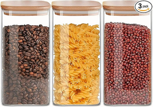 Square Glass Jars Canister with Wood Lid 50 FL OZ [Set of 3], Container Jar with Sealing, Lids for Oat Pasta Flour Cereal Rice Sugar Tea Coffee Beans, Best for Kitchen & Pantry-Ruum Studio Home
