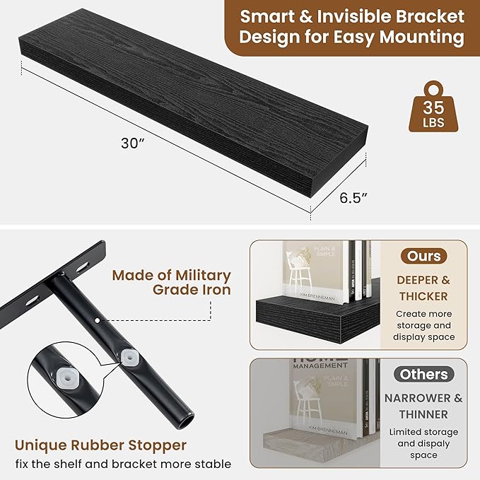 fuqing Floating Shelves for Wall, Bathroom Shelf Wall Mounted for Storage, Shelves with Invisible Bracket for Bedroom, Kitchen, Living Room, Farmhouse Small Book Shelf, 30 Inch Set of 2, Black-Ruum Studio Home