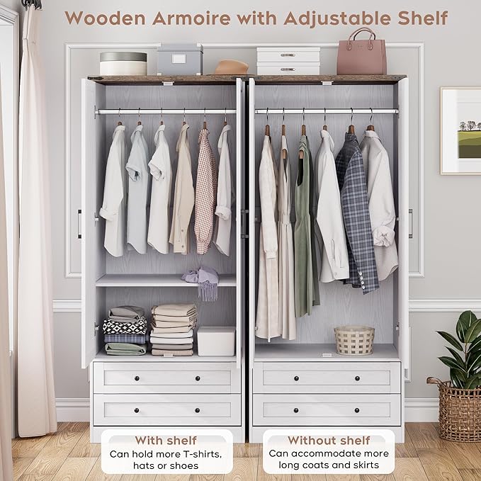 Brafab Armoire Wardrobe Closet with 2 Modern Doors, 71" Tall Freestanding Closet Wardrobe Cabinet with Drawers and Hanging Rail, Light Wooden Storage Cabinet with Shelve for Bedroom (White, 2 Doors)-Ruum Studio Home