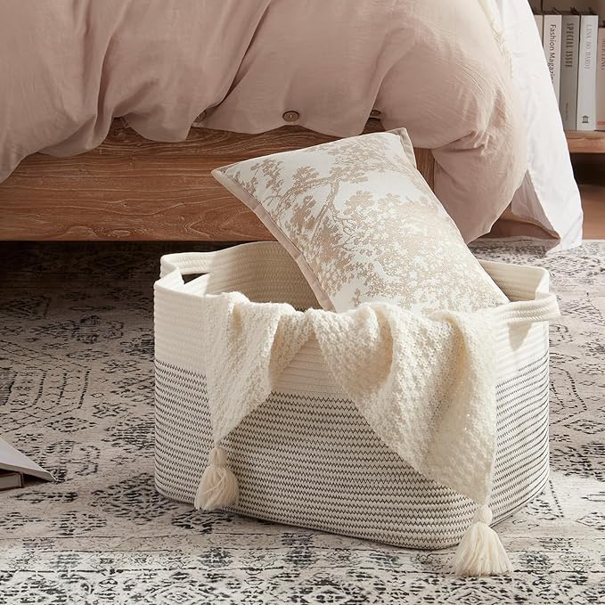 OIAHOMY 65L Blanket Basket, Cotton Rope Woven Blanket storage for Living Room, Rectangle Woven Baskets for Storage, 20''×16''×12'', Black and White-Ruum Studio Home