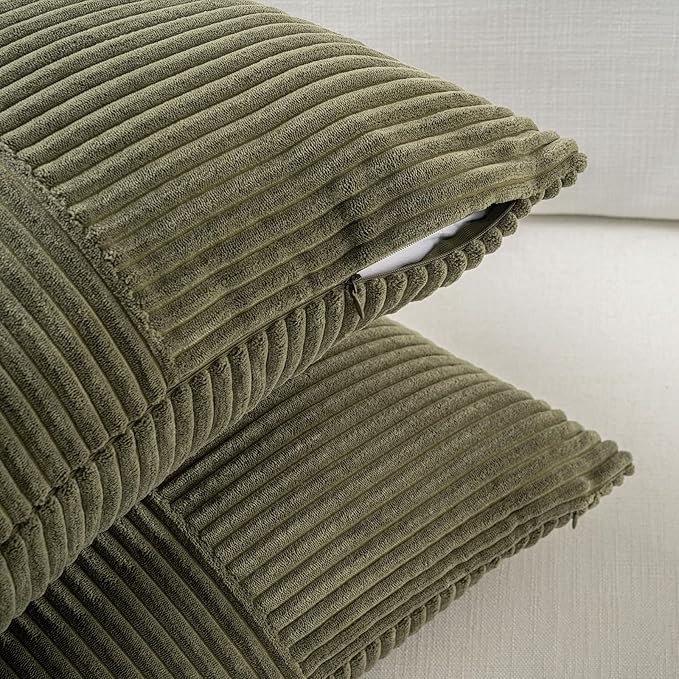 Fancy Homi Set of 2 Olive Green Boho Long Lumbar Body Decorative Throw Pillow Cover 14x36 Inch for Bed Couch Bedroom Bench, Soft Patchwork Corduroy Textured Pillow Case, Rustic Farmhouse Room Décor-Ruum Studio Home