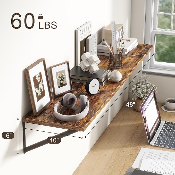 Floating Shelves 48 Inch Long, 10" Deep Floating Shelves, Wall Shelves 48 x 10, Set of 2, Wide Large Display Storage Shelves for Bathroom, Living Room, Rustic Wood Shelves with Brackets, Rustic Brown-Ruum Studio Home