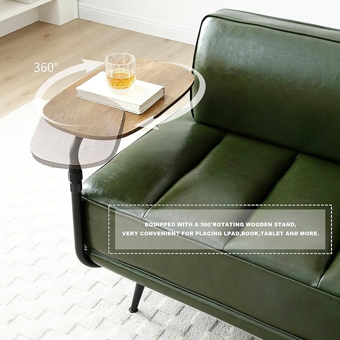 Sofa,Bed Bench,Small Spaces Furniture,Polyurethane Leather,Wood Frame,High Density Sponge Infillings,360-Degree Swivel Tray,Black Metal Leg (Green)-Ruum Studio Home