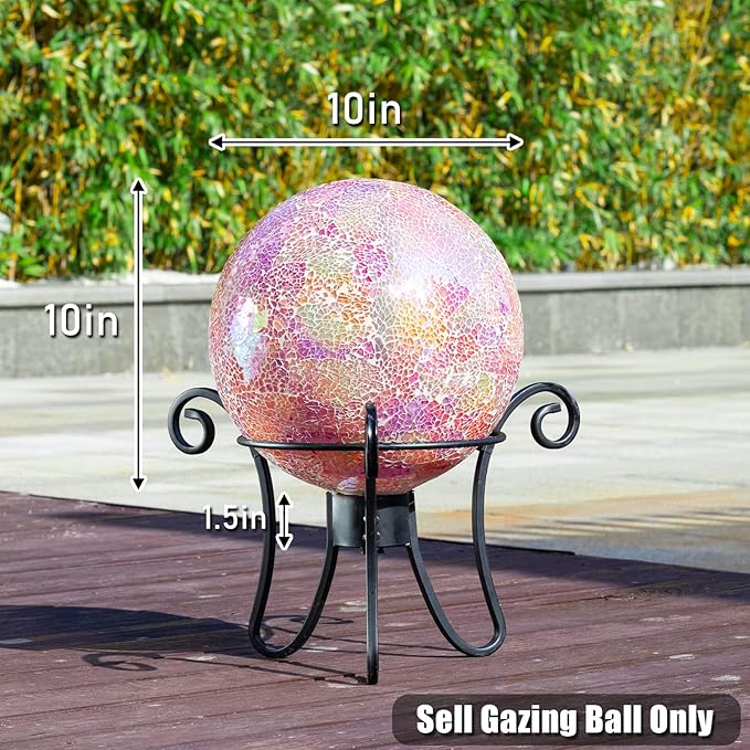 VCUTEKA Gazing Ball, Iridescent Crackled Glass Mosaic Gazing Balls Sphere for Garden Lawn Outdoor Ornament Yard Decorative, 10-Inch, Pink-Ruum Studio Home