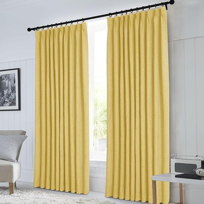Macochico 100% Blackout Yellow Linen Curtains 84 Inches Long Pinch Pleated Burlap Curtains for Bedroom Living Room Farmhouse Nursery Thermal Window Panels with Tieback 72”Wx84”L 1 Panel-Ruum Studio Home