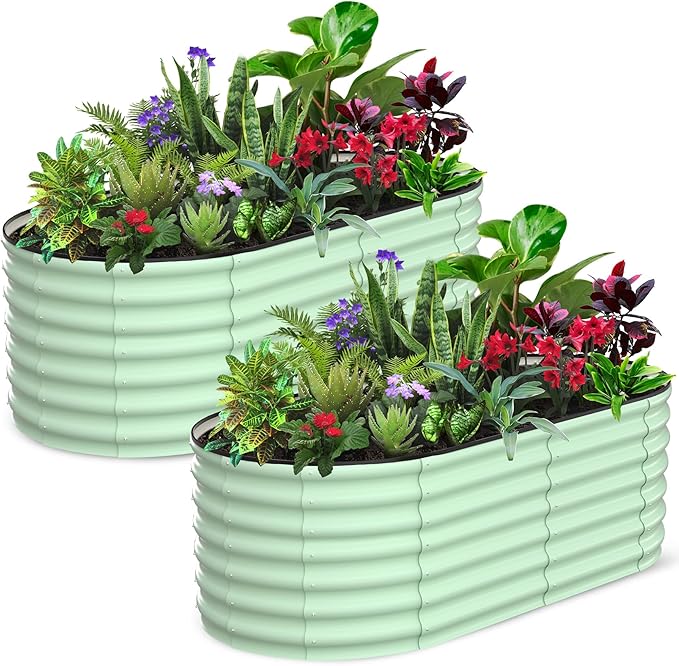 2 Pcs 6x3x2ft Oval Raised Garden Bed, Galvanized Raised Beds,Open-Ended Base Metal Raised Planter Beds,Garden Bed Outdoor,Planter Raised Boxes for Vegetables, Flowers,Tool-Free Asse,Green-Ruum Studio Home