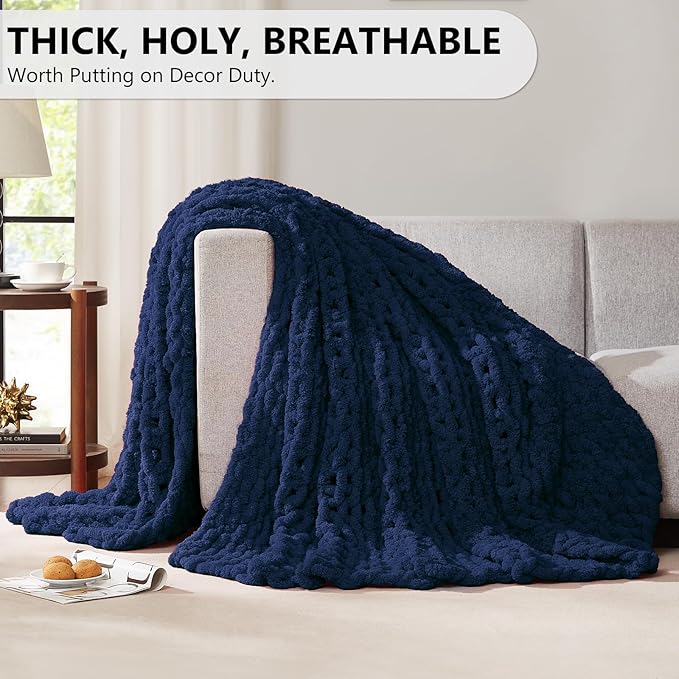 L'AGRATY Chunky Knit Blanket Throw - Soft Throw Blanket 60x80: 100% Hand Kintted Chenile Crochet Throw Blanket for Couch - Large Cable Knit Blanket for Home Decor(Dark Blue)-Ruum Studio Home