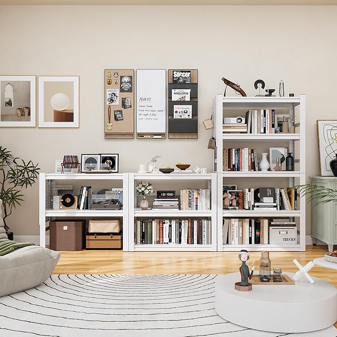 Book Shelf, 5 Tier Bookshelf, Industrial Bookcase Modern Bookshelves for Book/CD/Movie, Metal Shelving Unit for Living Room Home Office Kitchen, White-Ruum Studio Home