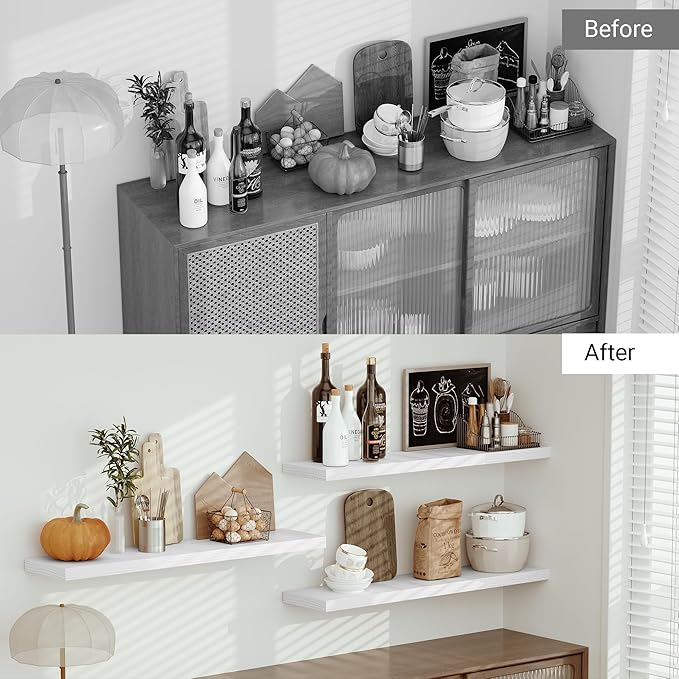 Single Floating Shelves 48 Inches, 48 x 10 inch Deep x 1.8 in Thick, Long Wall Shelves Heavy Duty 80 lbs for Bedroom, Living Room, Kitchen, Office, Modern Shelf Book Home Decor, White-Ruum Studio Home