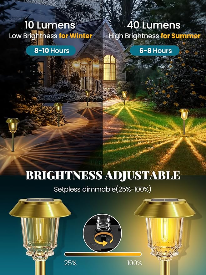 Solar Lights Outdoor Waterproof,4 Pack Gold Pathway Lights with 10-40 LM Dimmable Glass and Metal, Solar Powered Garden Decor for Yard,Patio,Pathway,Driveway Fall Decoration(Warm White)-Ruum Studio Home