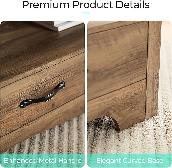 LINSY HOME Farmhouse Coffee Table with Storage, Wood Coffee Table for Living Room, Open Display Area and Storage Drawers with Metal Handles, Chic Style with Curved Base, Brown-Ruum Studio Home