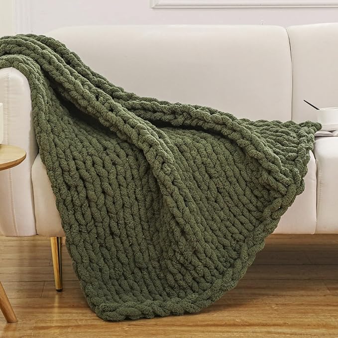 WESHIONGOO Chunky Knit Blanket Throw 40"×40" Knitted Throw Blankets for Couch Bed Fluffy Soft Blanket with Jumbo Chenille Yarn Thick 100% Handmade (Olive Green)-Ruum Studio Home