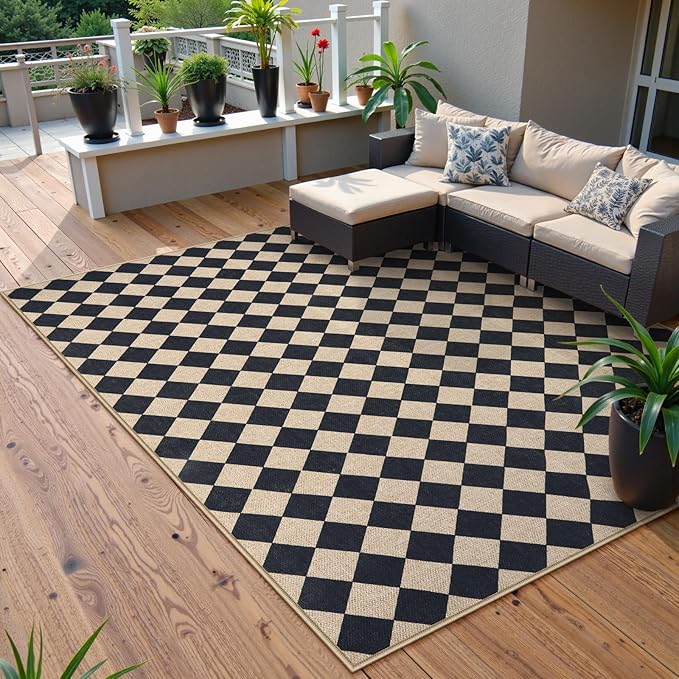 Lahome Checkered Dining Living Room Rug, 5x7 Washable Indoor Outdoor Easy Jute Rug, Farmhouse Neutral Diamond Non Slip Non Shedding Floor Carpet for Sunroom Deck Classroom Office-Ruum Studio Home