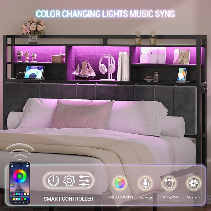 Headboard with 3-Tier Storage Shelves, Velvet Upholstered Head Board with 2 Outlets, USB Ports & LED Light, Soft Backrest for King Size Bed, Black BH19404B-Ruum Studio Home