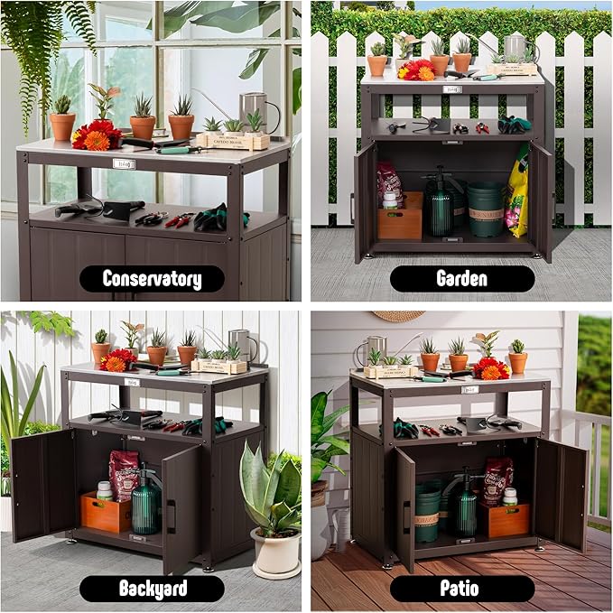 Garden Potting Bench with Storage Cabinet,Outdoor Gardening Table & Work Bench for Plants, Horticulture,Outdoor Workstation with Stainless Steel Tabletop,Outdoor Work Table-Ruum Studio Home