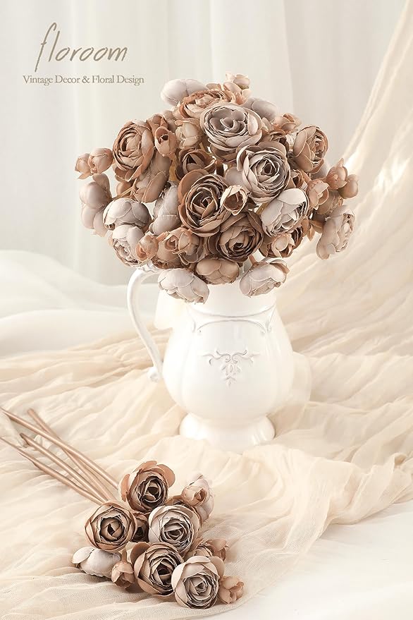 Floroom Ranunculus Artificial Flowers 18 Pcs Taupe Brown Faux Silk Mini Ranunculus Bulk Fake Wedding Filler Flowers for DIY Bouquets, Centerpieces, Bridal Shower Decorations & Arrangements-Ruum Studio Home