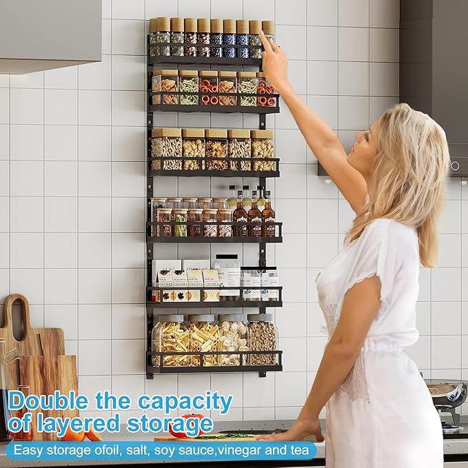 X-cosrack 6-Tier Wall-Mounted Spice Rack Organizer with Mixed Basket Sizes, Height-Adjustable Hanging Spice Shelf for Kitchen Pantry Cabinet, Large-Capacity Seasoning Holder, Black-Ruum Studio Home