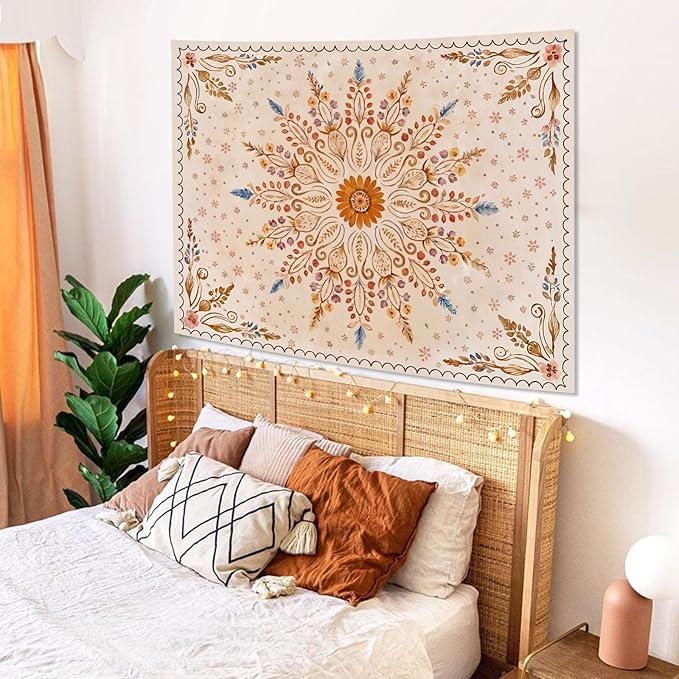 Fowocu Boho Floral Mandala Tapestry for Bedroom Aesthetic Watercolor Bohemian Flower Wall Tapestry Brown Beige Hippie Indian Small Tapestries Wall Hanging for Living Room Dorm Decor 40 x 30 Inch-Ruum Studio Home