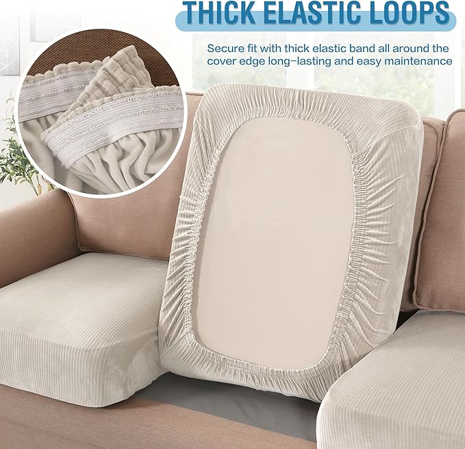 H.VERSAILTEX Velvet Stretch Couch Cushion Cover Plush Cushion Slipcover for Chair Cushion Furniture Protector Seat Cushion Sofa Cover (1 Piece Armchair Cushion Covers, Ivory Striped)-Ruum Studio Home