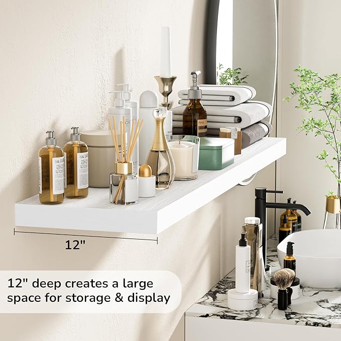 Fun Memories Floating Shelves - 12 Inch Rustic Wooden Wall Shelves - Extra Deeper & Thicker Wall Mounted Storage Shelf for Living Room, Kitchen, Farmhouse - 48" W x 12" D x 1.8" H - White-Ruum Studio Home