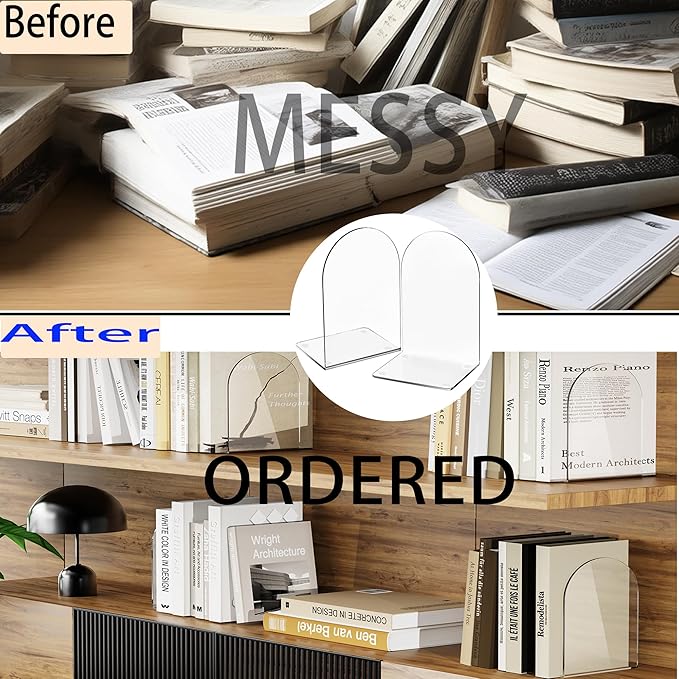 Lulonpon 4 Pieces Book Ends, Bookends, Books End for Shelves, Books End for Heavy Books, Clear Bookends, Acrylic Book Ends for School, Library,Desktop Organizer and Book Shelves-Ruum Studio Home