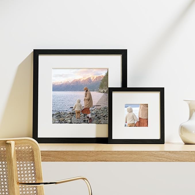 Vittanly 8x8 Picture Frames Set of 9, Shatter Resistant Plexiglass, Display 4x4 Pictures with Mat or 8x8 without Mat, Photo Frames for Wall Mount, Engineered Wood, Black-Ruum Studio Home