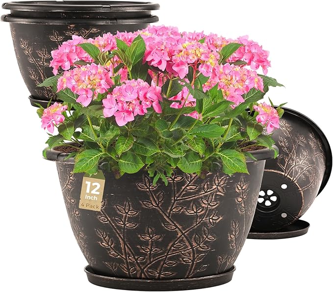 12-inch-Flower-Pots-Outdoor-Indoor, 4 Pack Plastic Planter Pots for Plant with Drainage Hole Saucer, Decorative Resin Garden Container with Tray-Ruum Studio Home