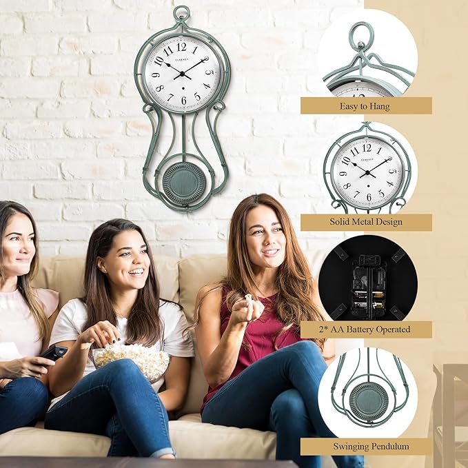CLXEAST 20 Inch Metal Pendulum Wall Clock Battery Operated,Large Schoolhouse Wall Clocks for Living Room Decor,Antique Aged Teal Green Finish,House Warming Gifts New Home-Ruum Studio Home