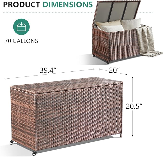 HOMREST Large Deck Box, Outdoor Wicker Storage Container with 70 Gallon, Patio Rattan Furniture for Garden Tools, Pillows, Pool, Brown-Ruum Studio Home
