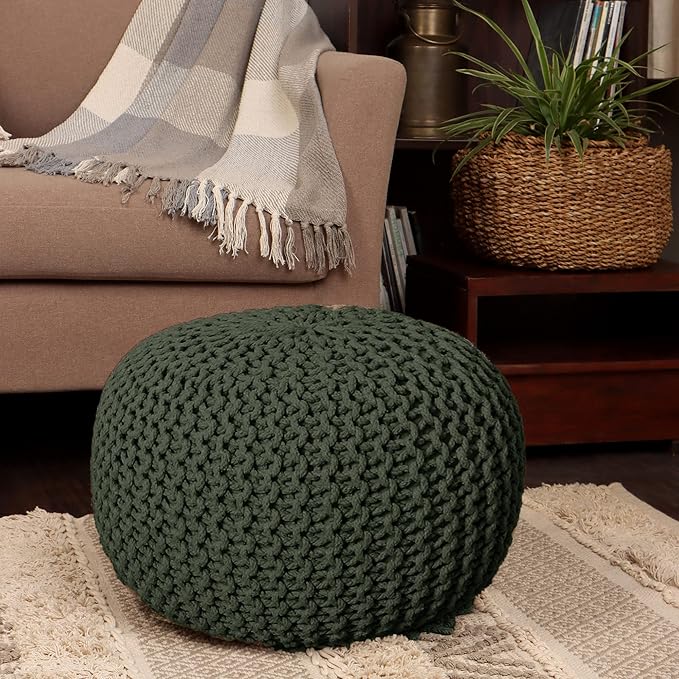 REDEARTH Round Hand Knitted Pouf - Foot Stool Bean Bag Ottoman - Cord Boho Pouffe - Poof Accent Beanbag Footrest for Living Room - Bedroom - Patio - Lounge (19.5"x19.5"x14") - Olive-Ruum Studio Home