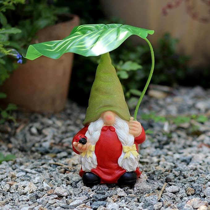 Garden Female Gnome Statue Decoration with Leaf Umbrella, 7.5” Figurine Ornament for Indoor Outdoor Home Patio Yard Lawn, for Gnome Lovers & Garden Enthusiasts，Mom，Women-Ruum Studio Home