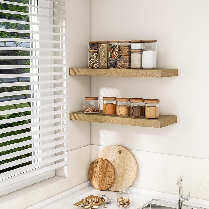 RICHFOCUS 31.5Inch Floating Shelves for Wall 2 Pack Shelves for Bedroom|Kitchen|Bathroom Wall Mounted Rustic Wood Floating Shelf with Invisible Brackets for Books|Storage|Decor, Oak-Ruum Studio Home